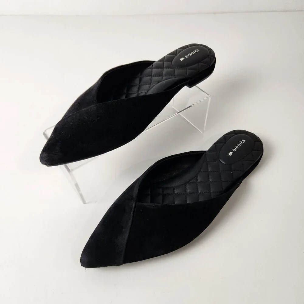 Birdies Shoes Womens 9.5 Black Swan Suede Mules Quilted Flats Leather Slip On - Picture 1 of 14